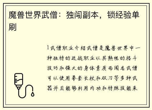 魔兽世界武僧：独闯副本，锁经验单刷