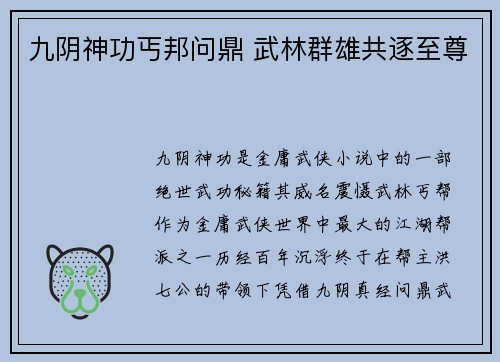 九阴神功丐邦问鼎 武林群雄共逐至尊